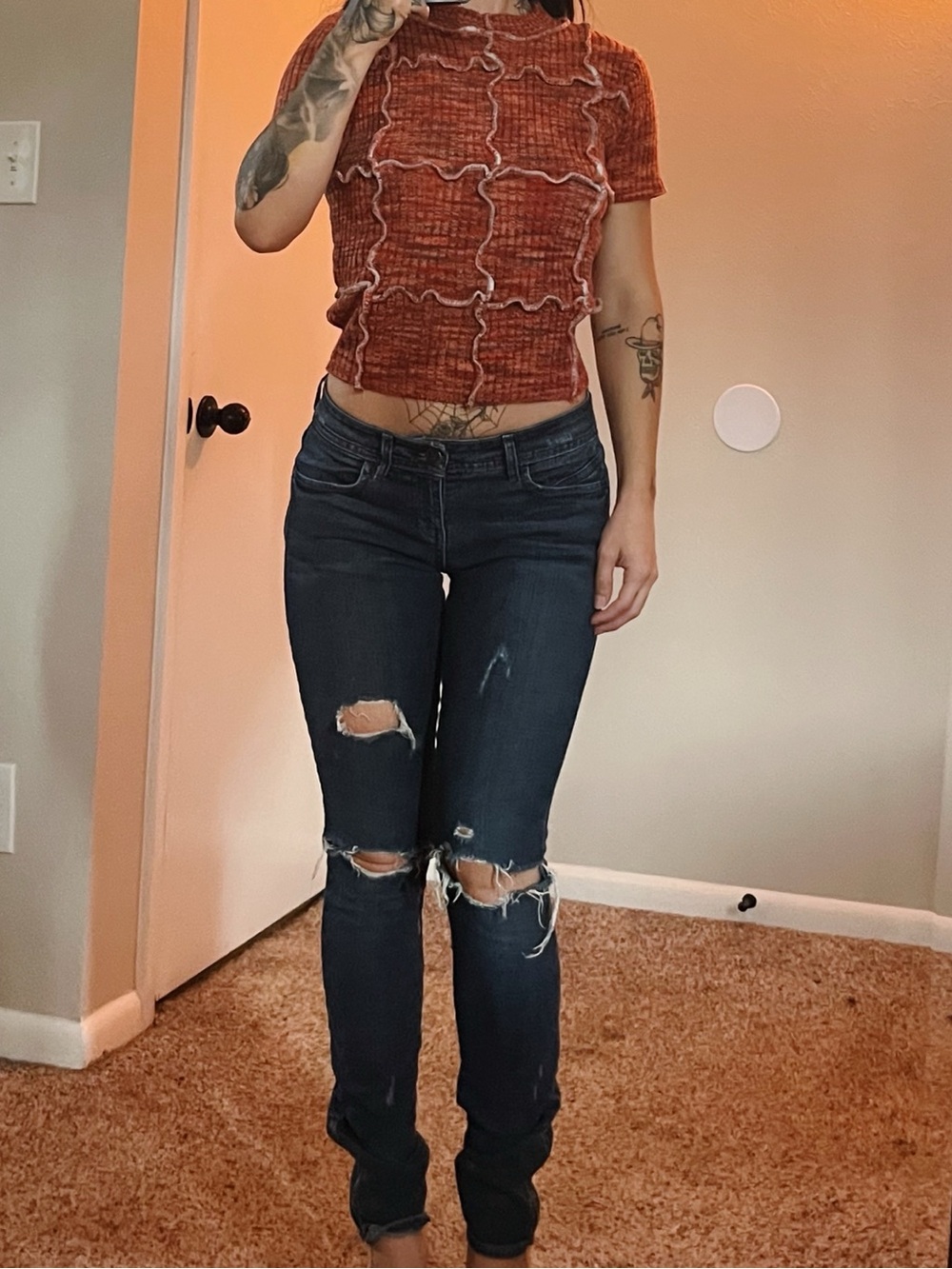 Gilded Intent Rust Textured Ruffle-Seam Crop Top - Picture 2 of 6